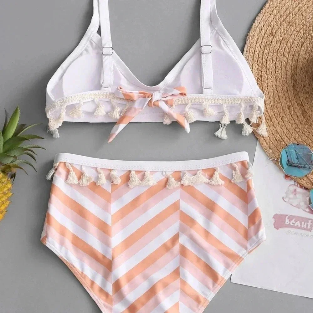 Zigzag Tassel High Waisted Multi Color mix Bikini Set Women Size M